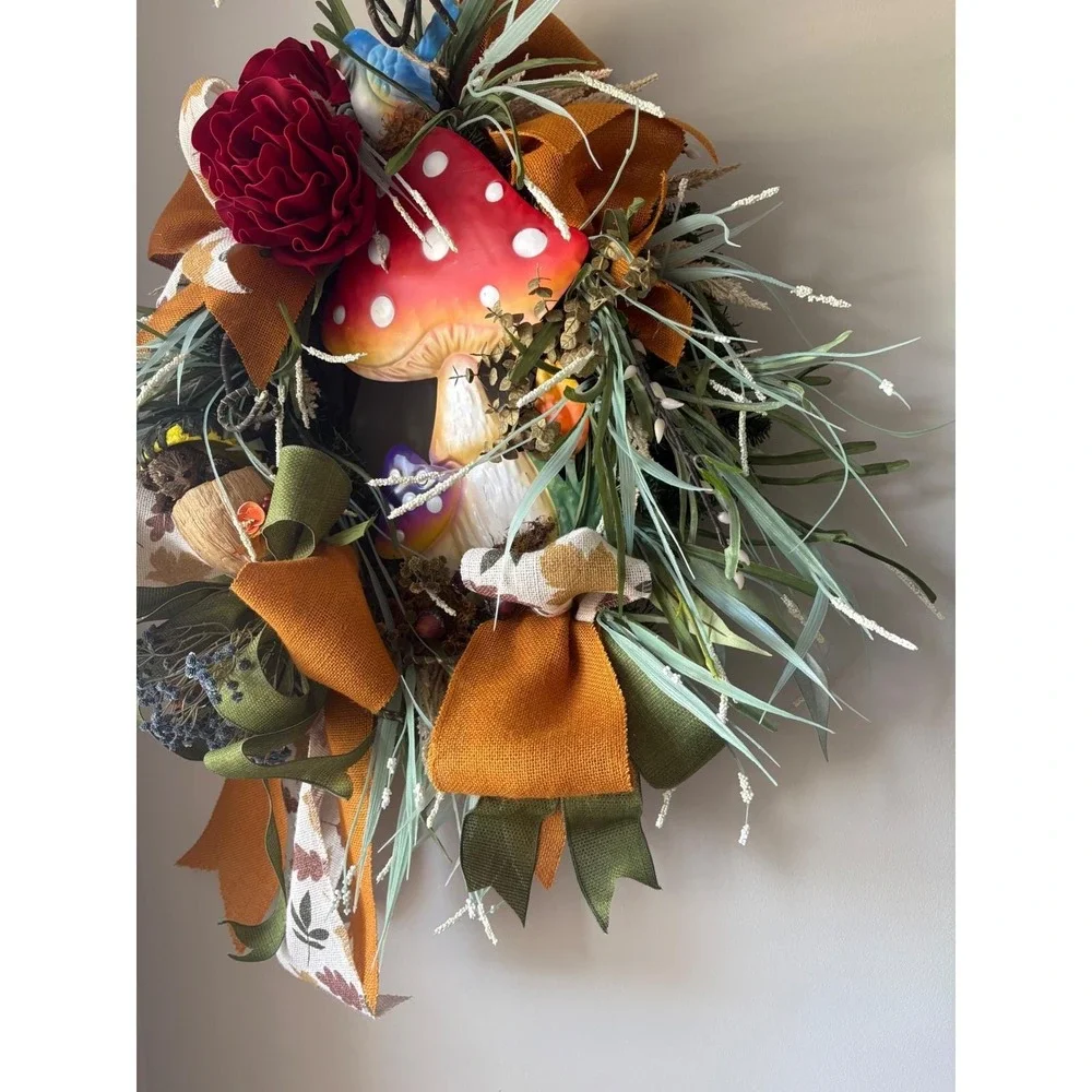 Whimsical Mushroom Wreath Front Door Enchanted Woodland Cottagecore Bluebird